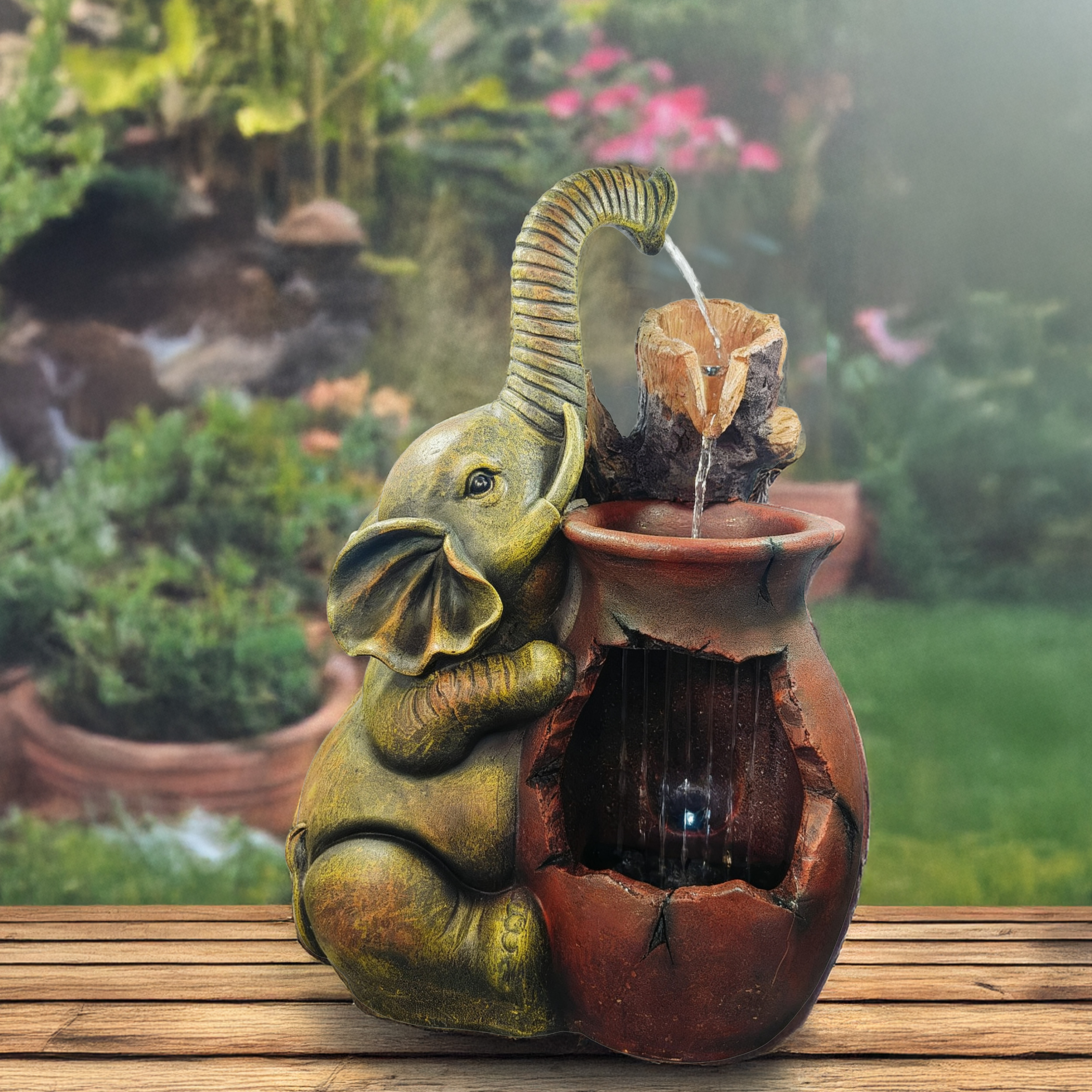 Solar Zierbrunnen Elefant am Tonkrug mit LED Licht