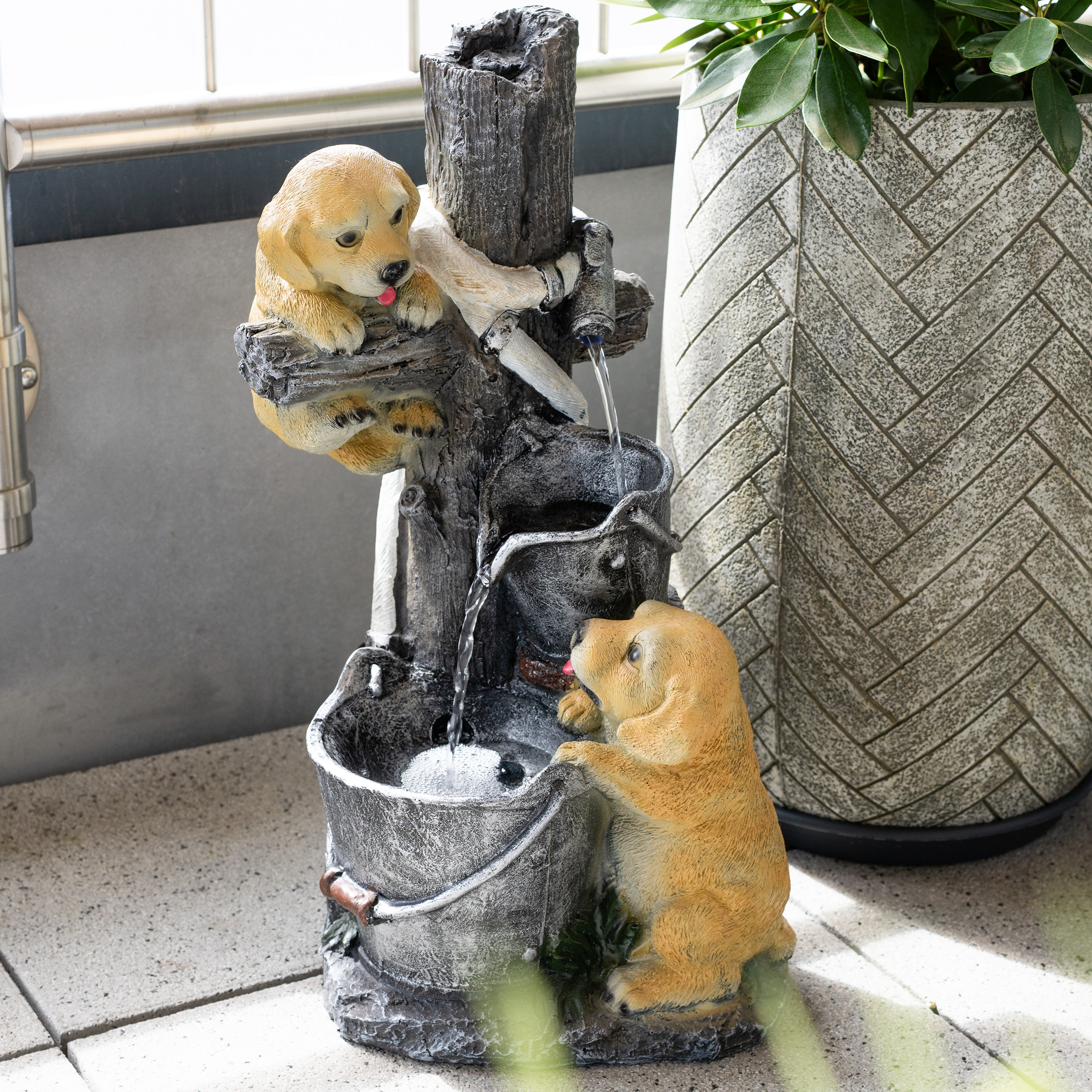 Solarbrunnen Hundewelpen Milo und Buddy an belechteter Wasserquelle