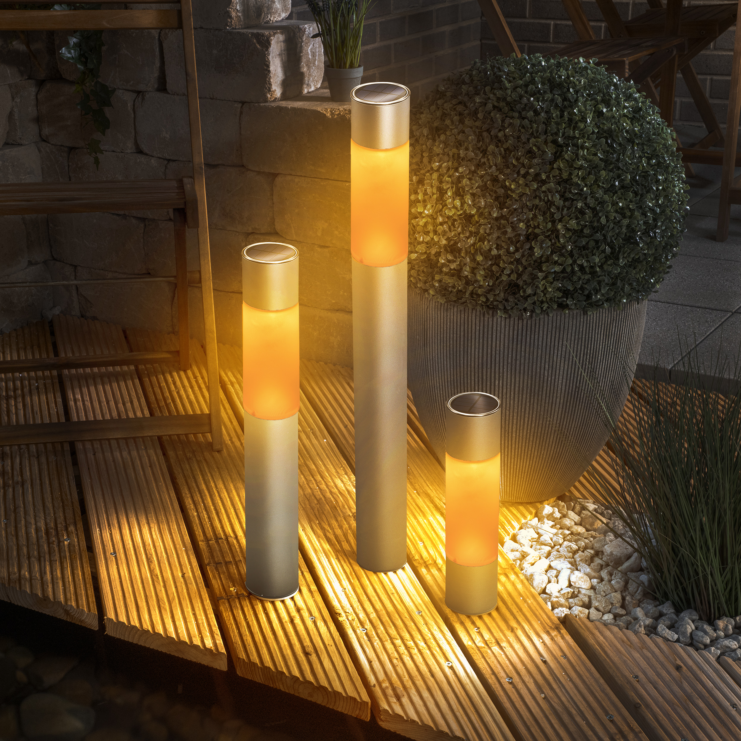 Solar Standleuchten Pole Light im 3er-Set bernsteinfarben