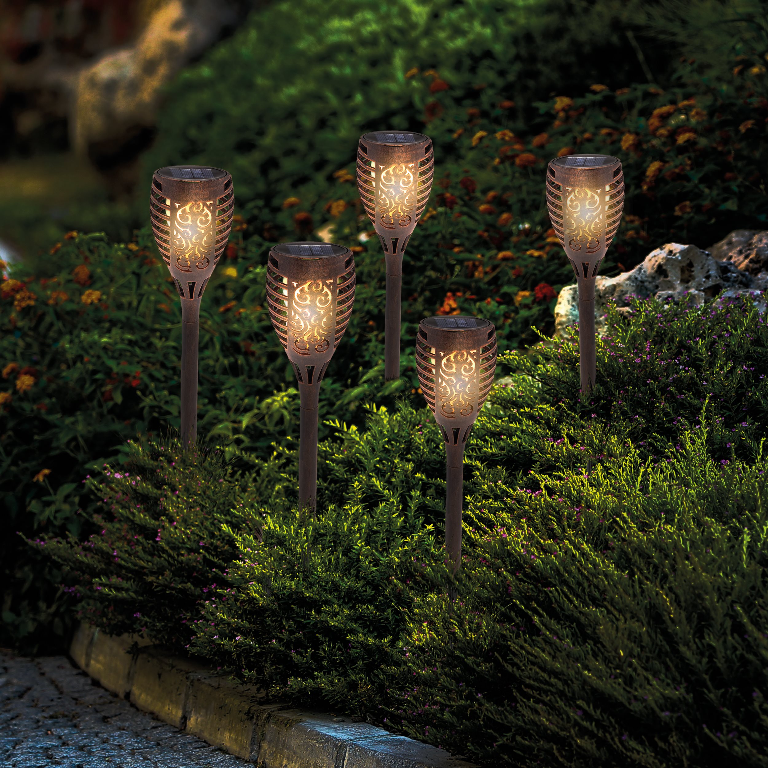 Solar Gartenfackel 5er-Set Monza, kupferfarben