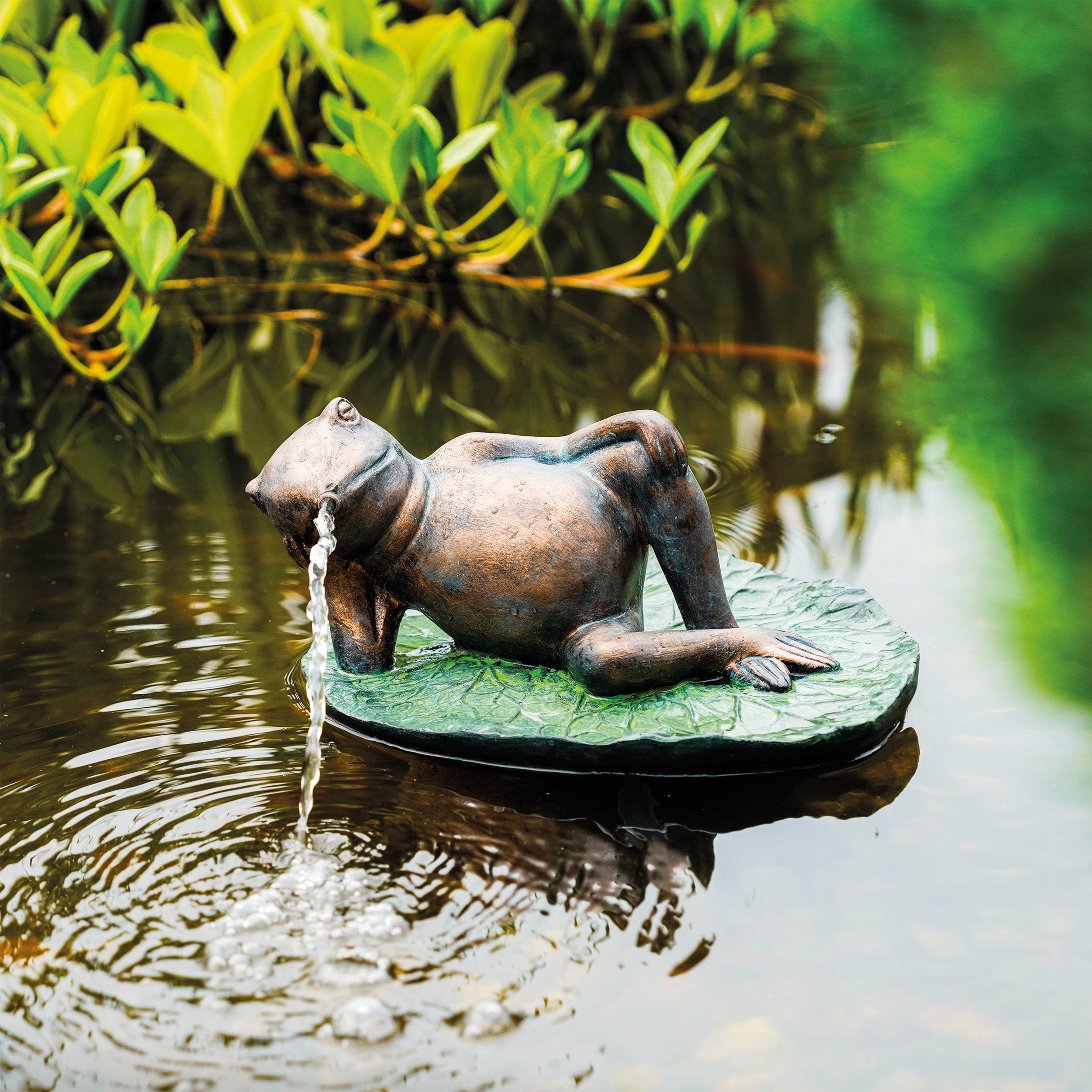 Solar Wasserspeier-Set Frosch seitlich liegend auf Seerose