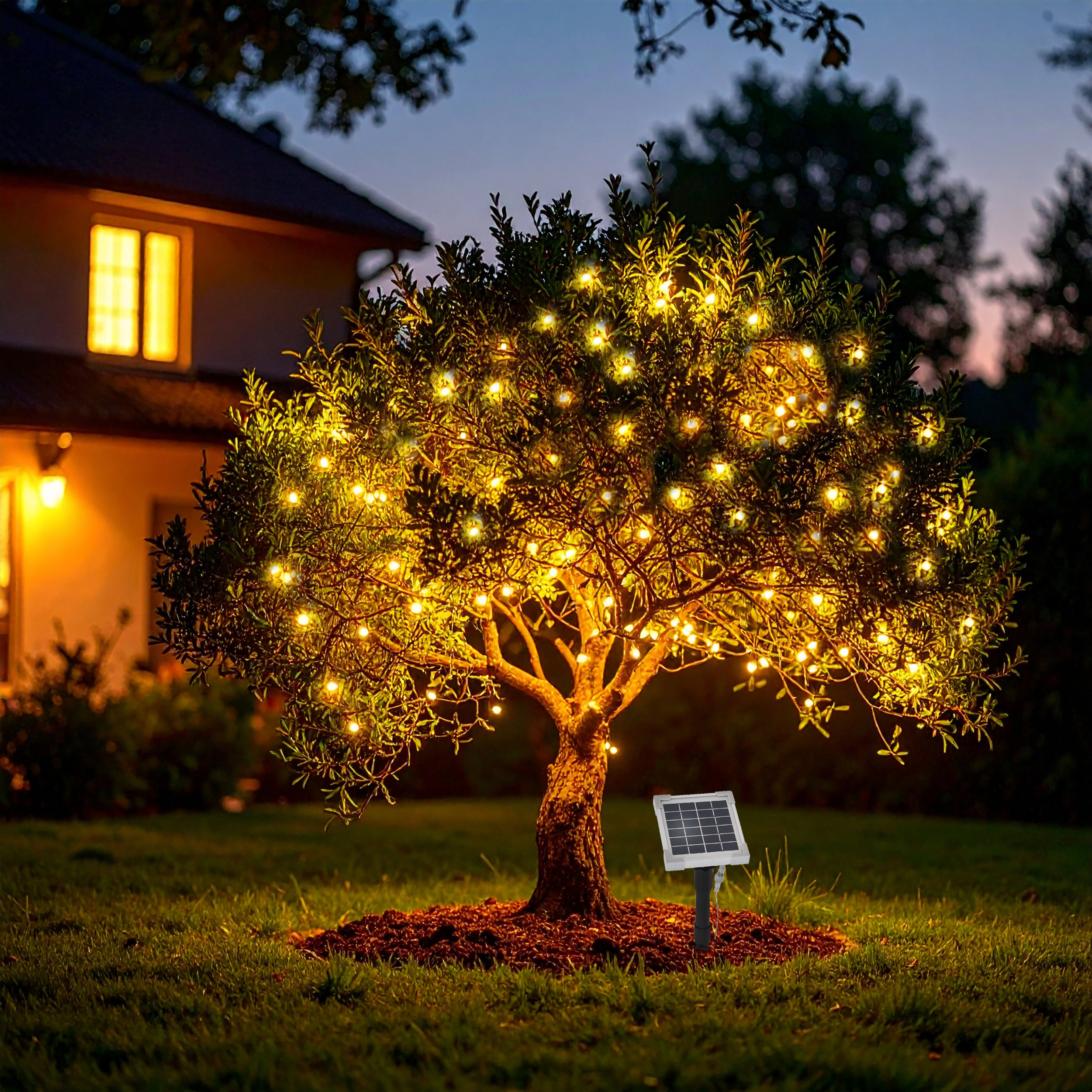 Solar Lichterkette mit 200 warmweißen LEDs und transparenten Kabel
