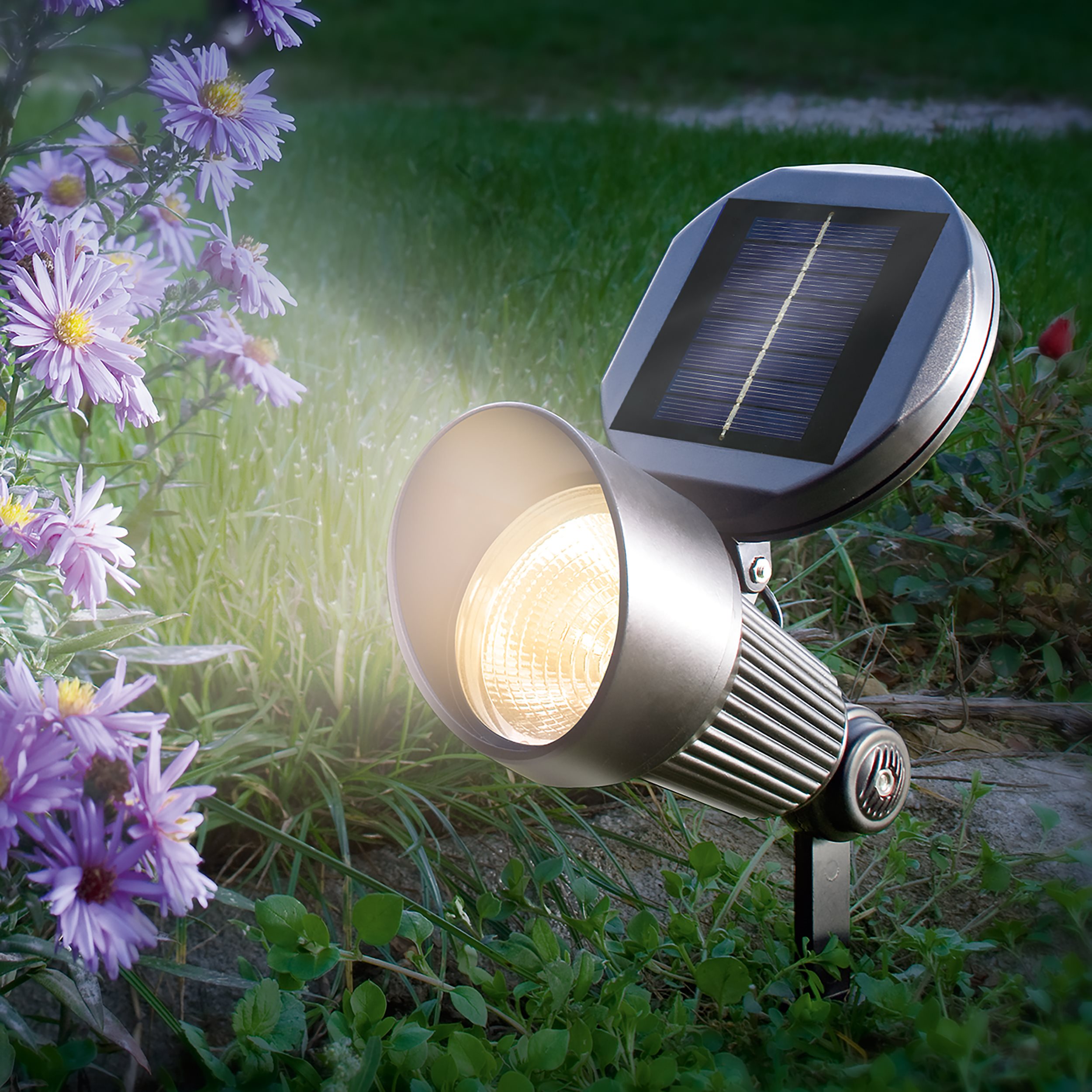 Solar Wand- und Bodenstrahler warm weiß im Alugehäuse