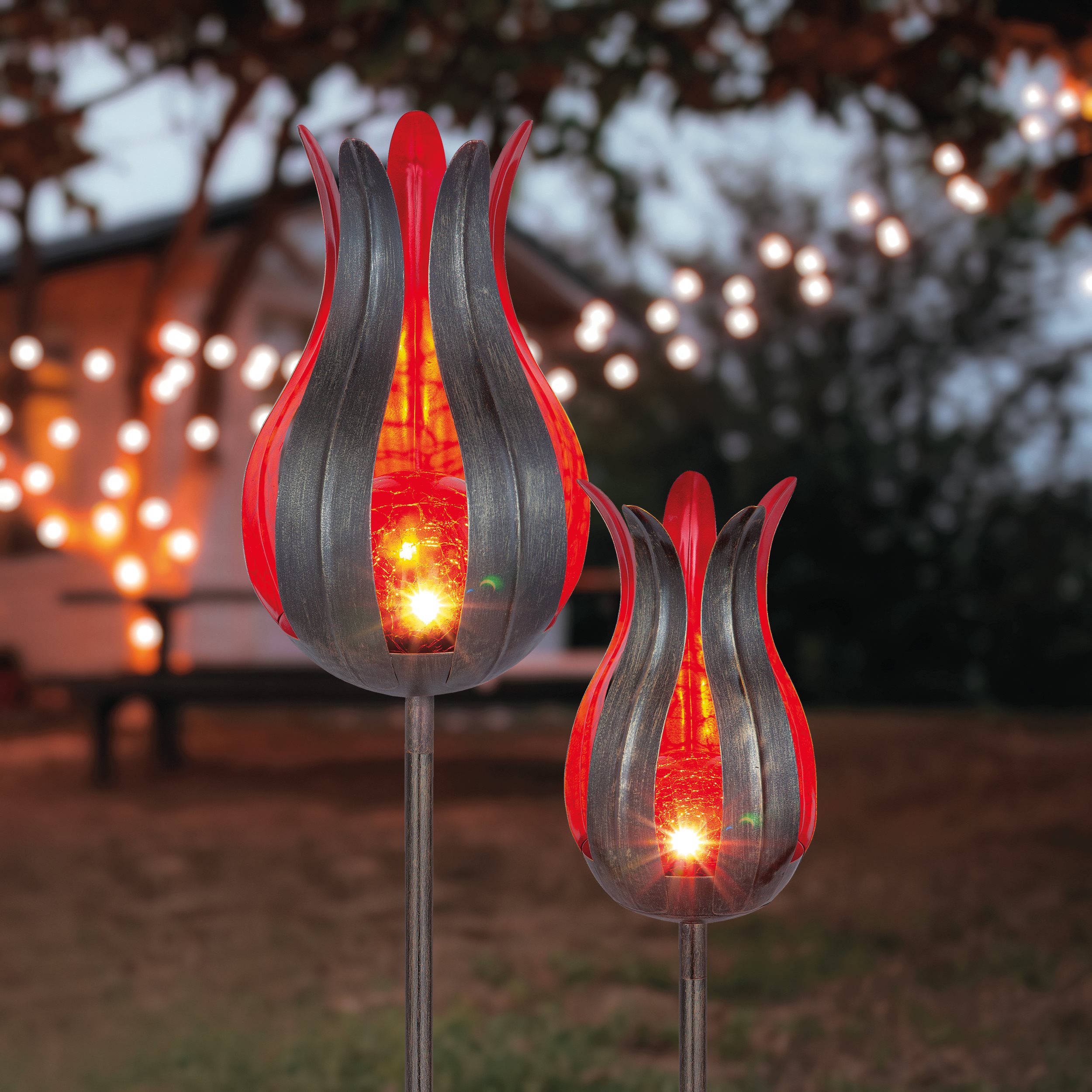 Solar Blumen-Stableuchten Lilie 2er Set rot - Ø 12 und 15 cm