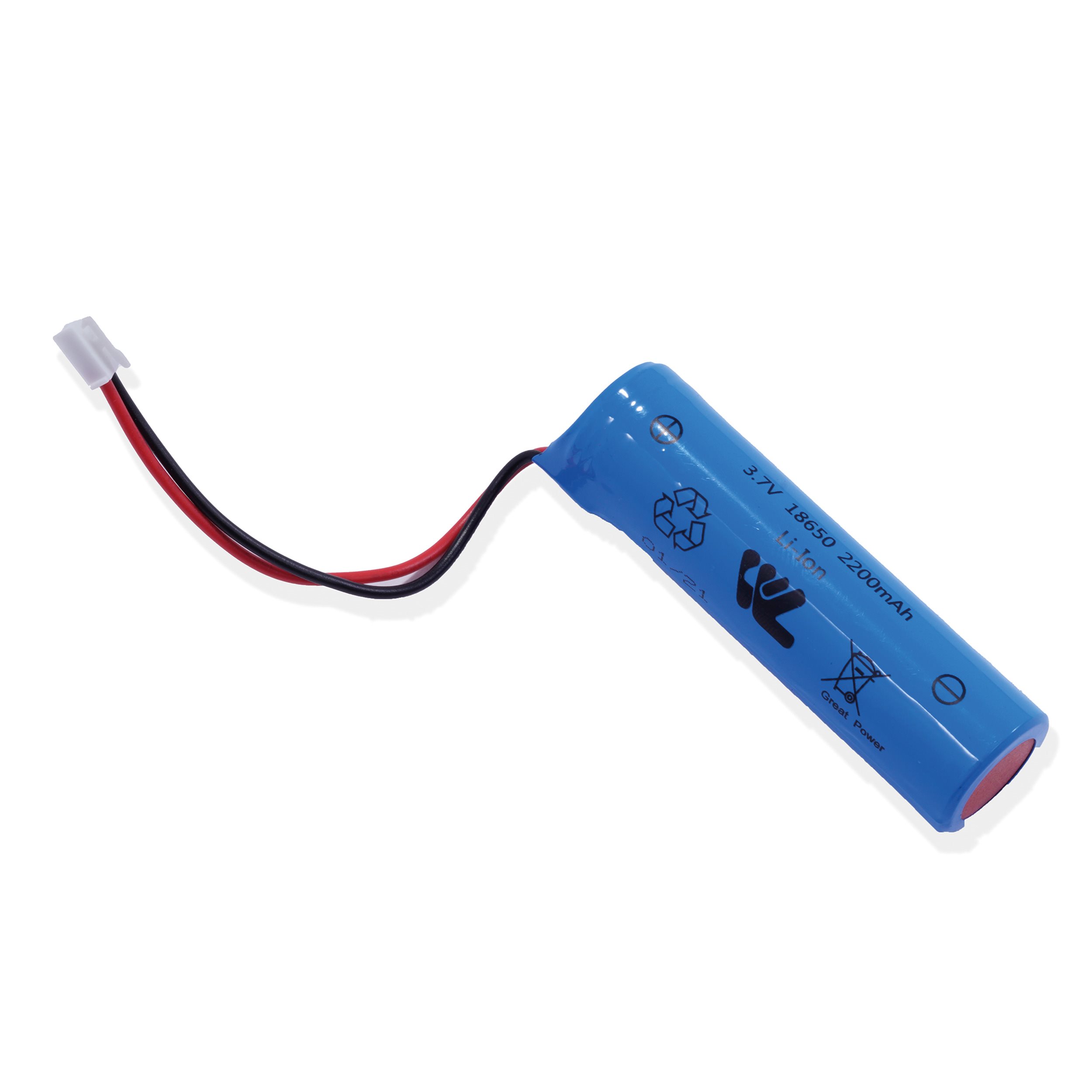 Akku Li-Ion 3,7 V 2200 mAh - Baugröße 18650 mit Stecker weiß