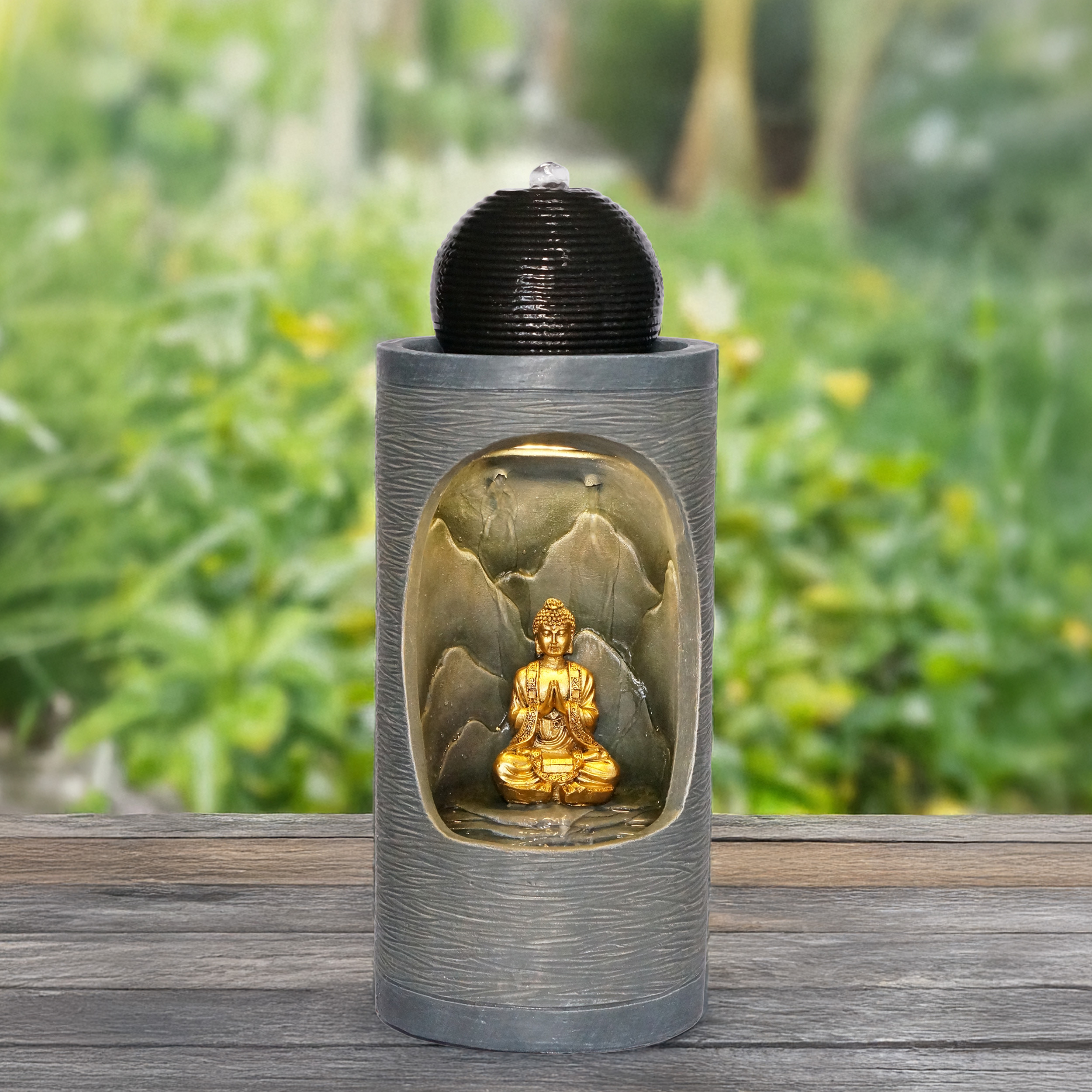 Runder Solar Brunnen mit Quelle, Buddhafigur und LED Licht