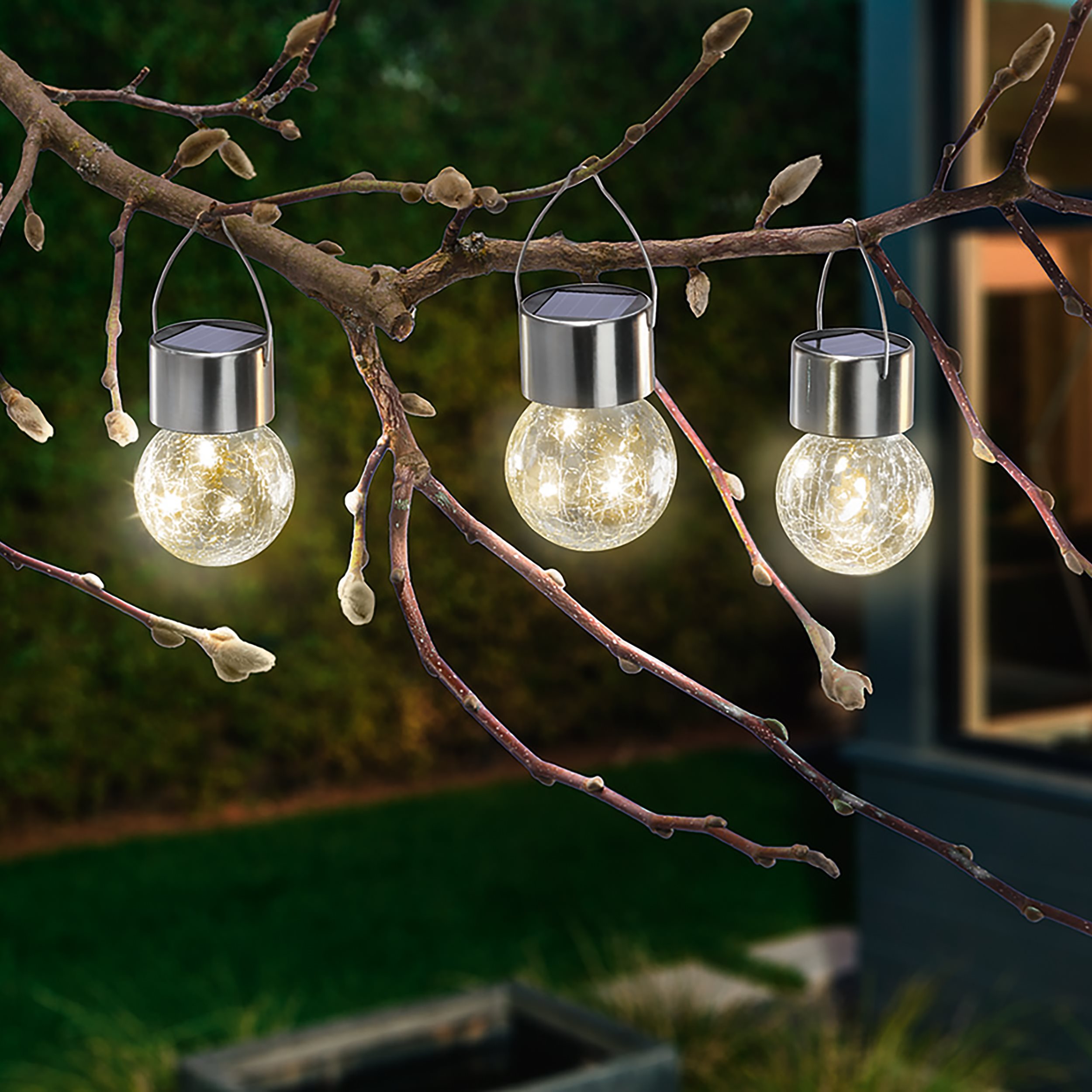 Solar Hängeleuchten 3er-Set Crackle Balls warmweiß