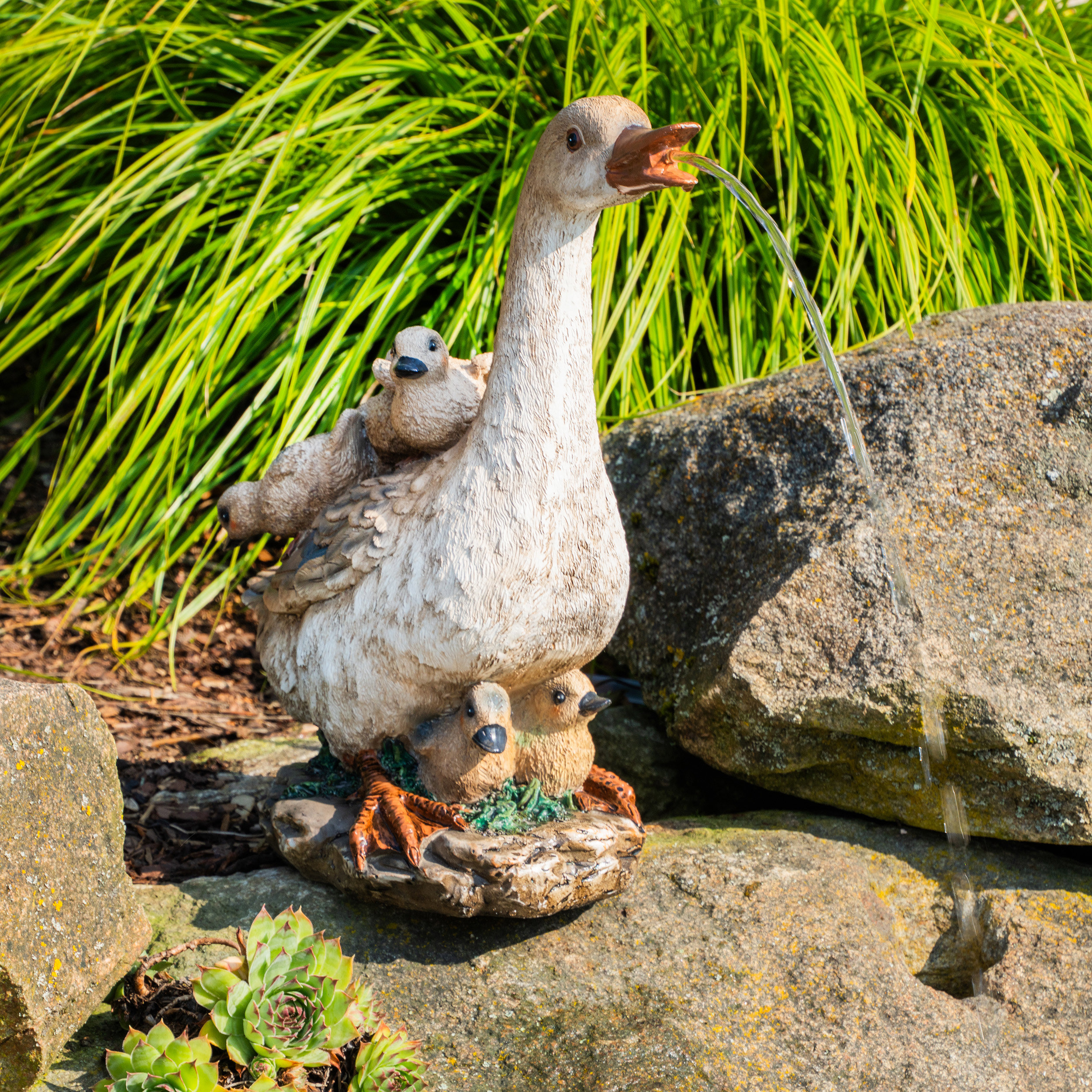 Solar Wasserspeier-Set Gans mit Küken