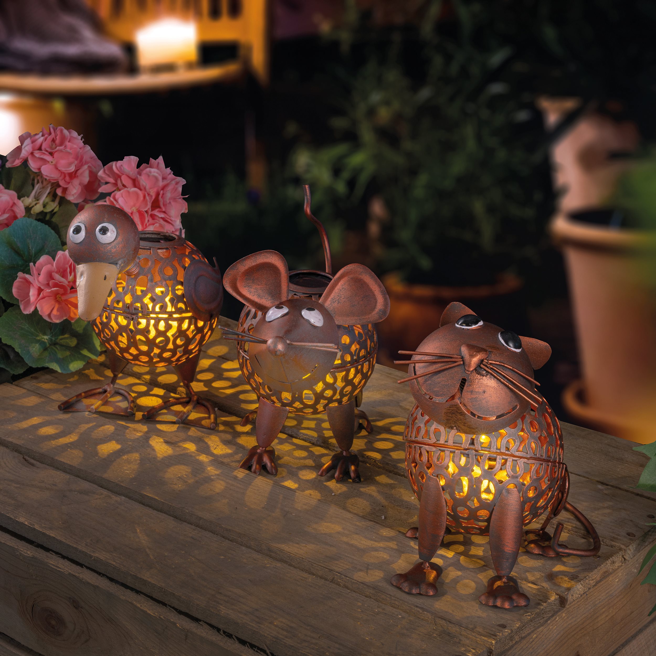 Solarfiguren Lolita, Kiki und Leo im 3er-Set, kupferfarben