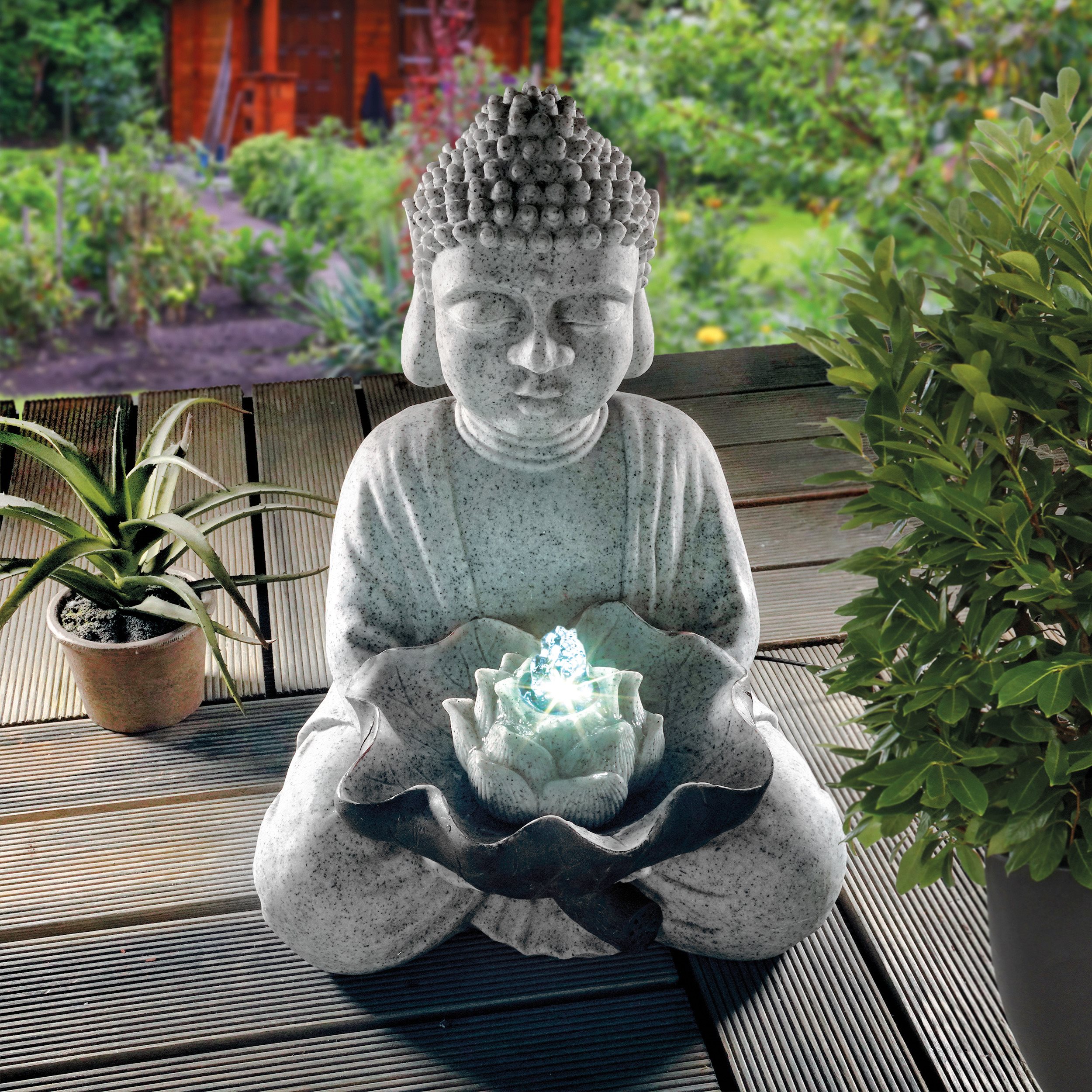 Solarbrunnen Buddha mit LED-Beleuchtung