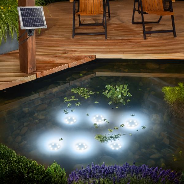 Solar Über- und Unterwasserstrahler mit 6 Spots kalt weiß